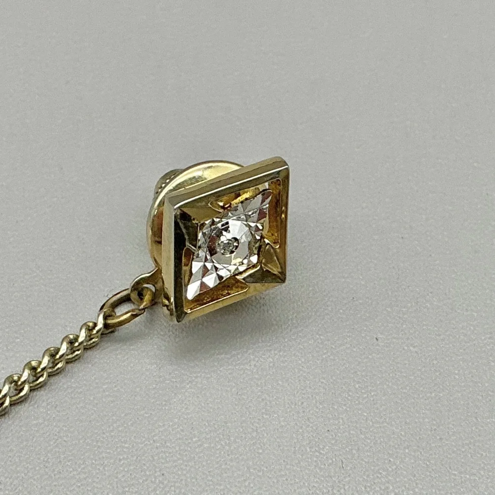 Vintage Genuine Diamond Tie Tack Gold Tone Square Men's Lapel Pin